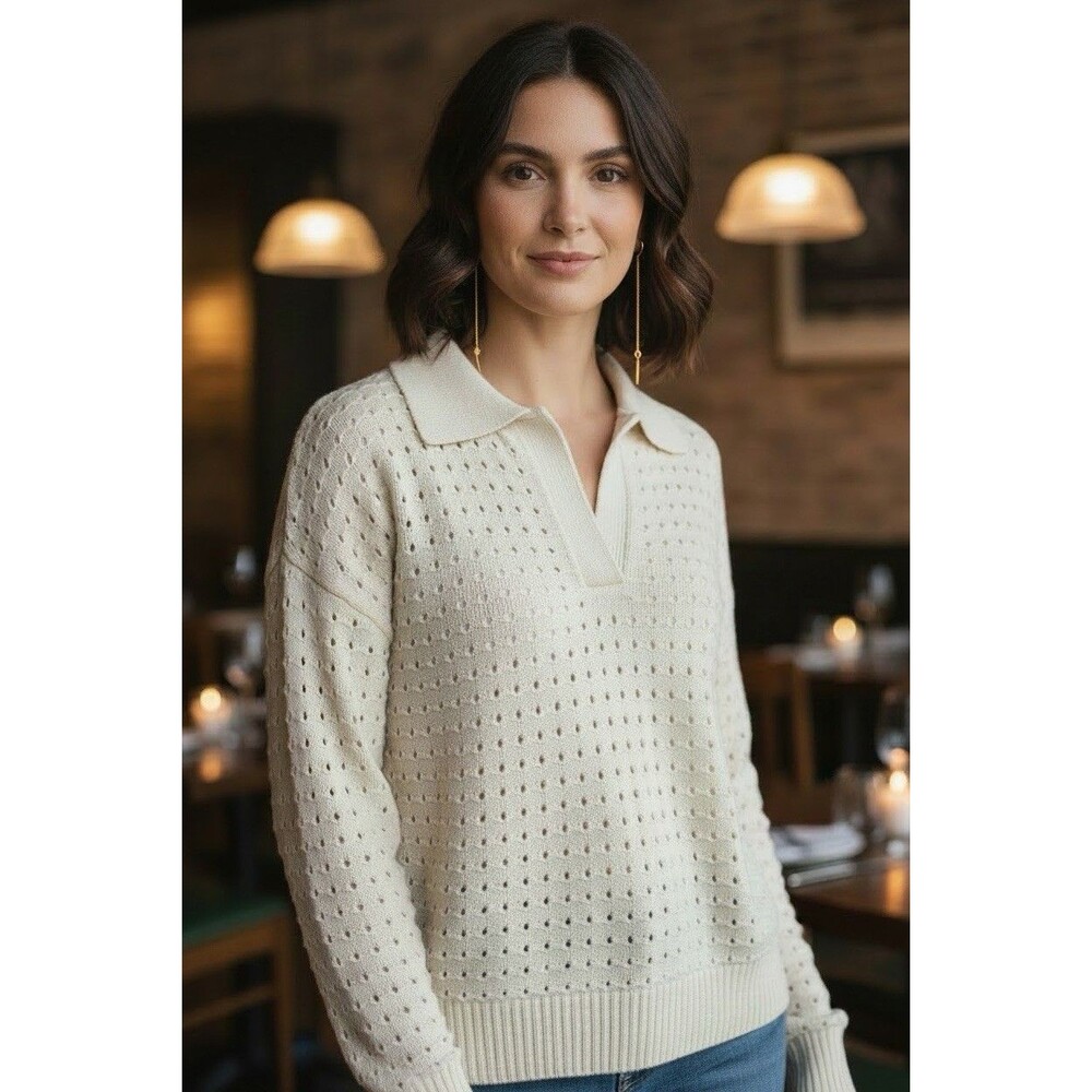 Joie NEW womens open knit cotton v-neck collared luxury cream sweater sz M
